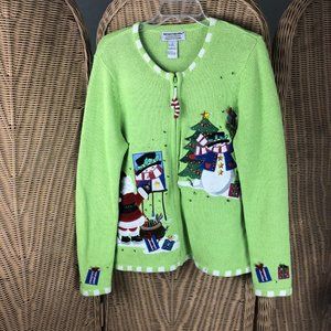heirloom collectibles ugly Christmas sweater Green Santa Snowman Tree Zip